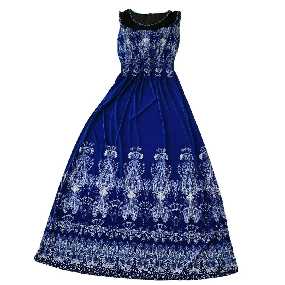 Blue Maxi Dress Size M/L Paisly pattern sheer top
